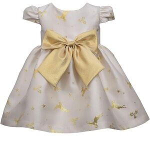 Bonnie Jean Baby White Gold Deer Print Christmas Formal Short Sleeve Dress 3-6m